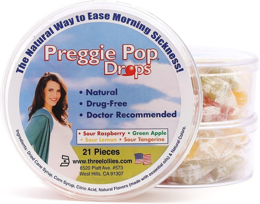 Preggie Pop Drops - ayuda la enfermedad de la mañana durante el embarazo (3 pack, 63 conteo) – Con aceites esenciales, seguro para embarazada mamá &amp; bebé, gluten gratis - Lemon, frambuesa, manzana verde, Tangerine