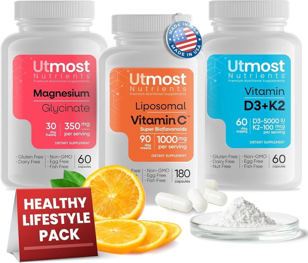 Vitamina Liposómica C con Super Bioflavonoides 1000MG (180 cápsulas), Vitamina D3 con K2 5000IU (60 cápsulas) y Magnesio Glycinate 350MG (60 cápsulas) – No GMO, Supleto sin gluten