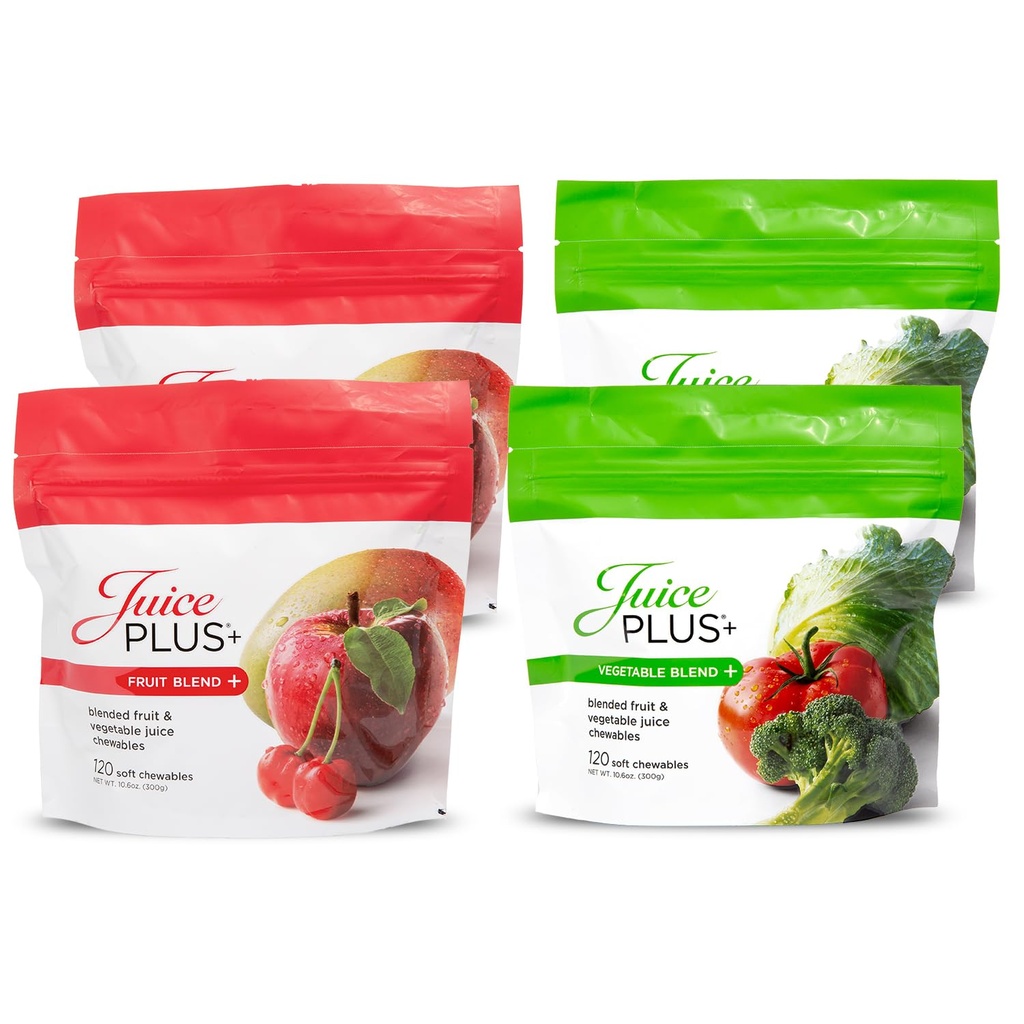 JuicePlus+ Frutas &amp; Hortalizas Lágrimas blandos - Fruta vegana sabrosa, Vitaminas Gummy vegetariana para adultos &amp; niños - 4 meses de suministro 4 paquetes (2 de cada sabor)