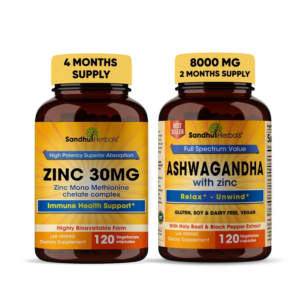 Sandhu Herbals Zinc 30mg Suplemento y Orgánica 4 en 1 Ashwagandha Capsules con Zinc vidas soporta la piel sana, el sistema inmune permanente no GMO