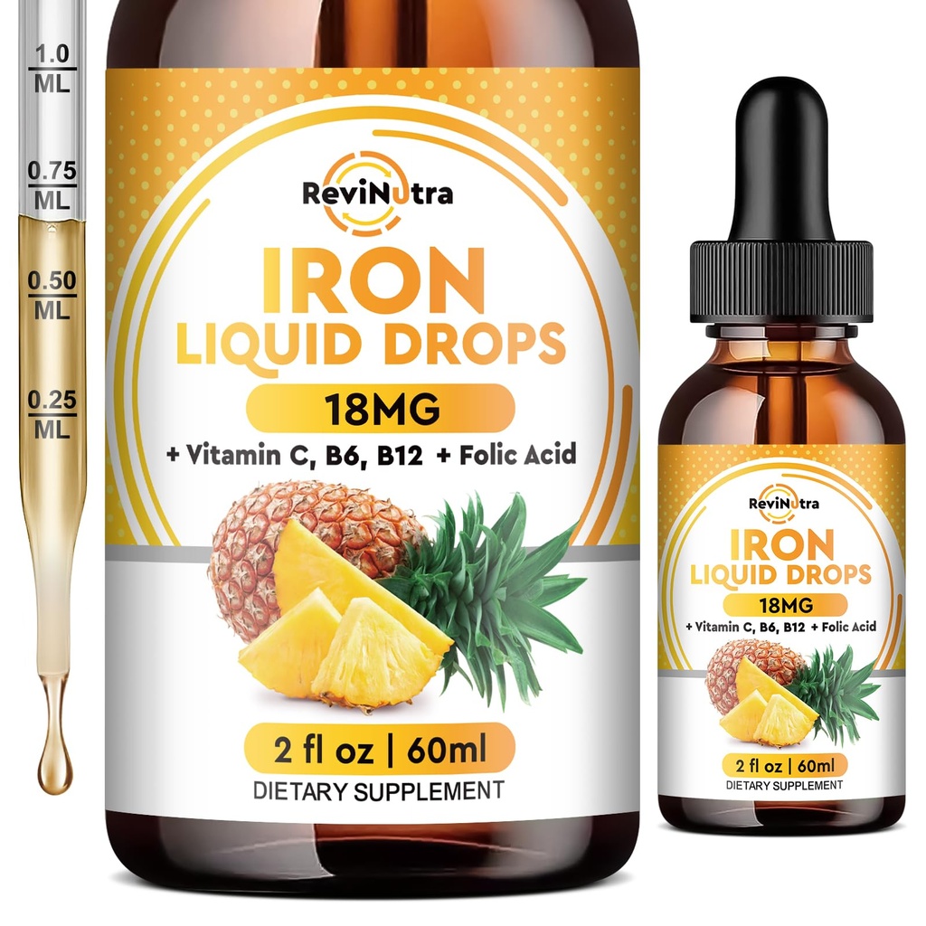 Suplemento de hierro líquido para mujeres, hombres y niños, gotas de hierro líquido con folato, vitamina C, B6, B12 para anemia, célula de sangre roja, apoyo energético, sabor a piña, 2 Fl Oz