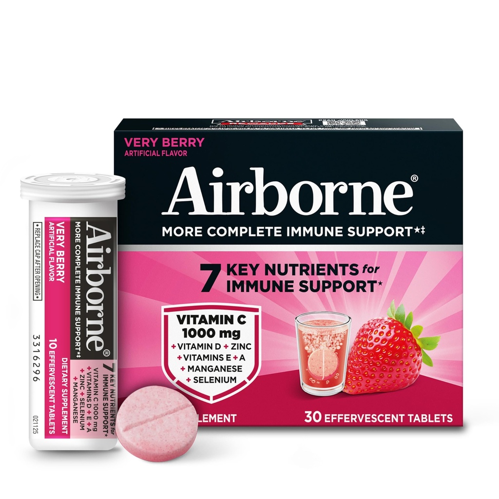 Airborne 1000mg Vitamina C con Vitamina D + Zinc Azúcar Multivitamina Immune Soporte Effervescent Fizzy Drink Tablets, Very Berry Flavor with Powerful Antioxidants VIT A C & E, 30 Tablets