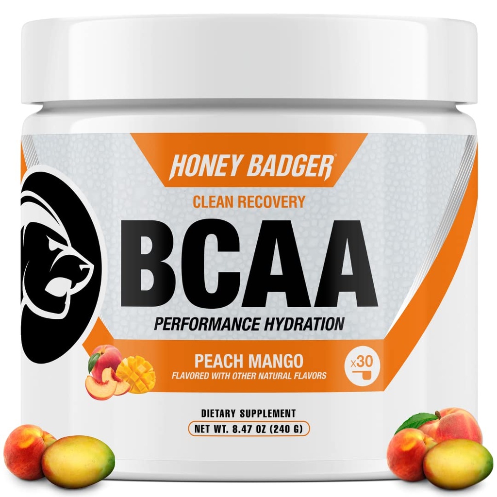 Honey Badger BCAA + EAA Amino Acids Powder, BCAAs + L-Glutamina, Keto, Vegan, Sugar Gratis para Hombres &amp; Mujeres, Hidratación &amp; Post Workout Muscle Recovery Mix, Peach Mango, 30 Servings