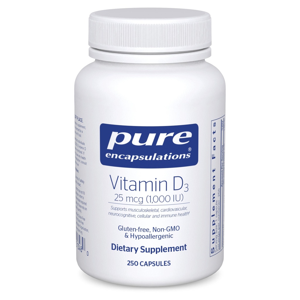 Encapsulaciones puras Vitamina D3 25 mcg (1,000 UI) - Suplemento de la bonificación de soporte, articulación, pecho, corazón, frío &amp; salud inmunológica - con vitamina D - 250 cápsulas