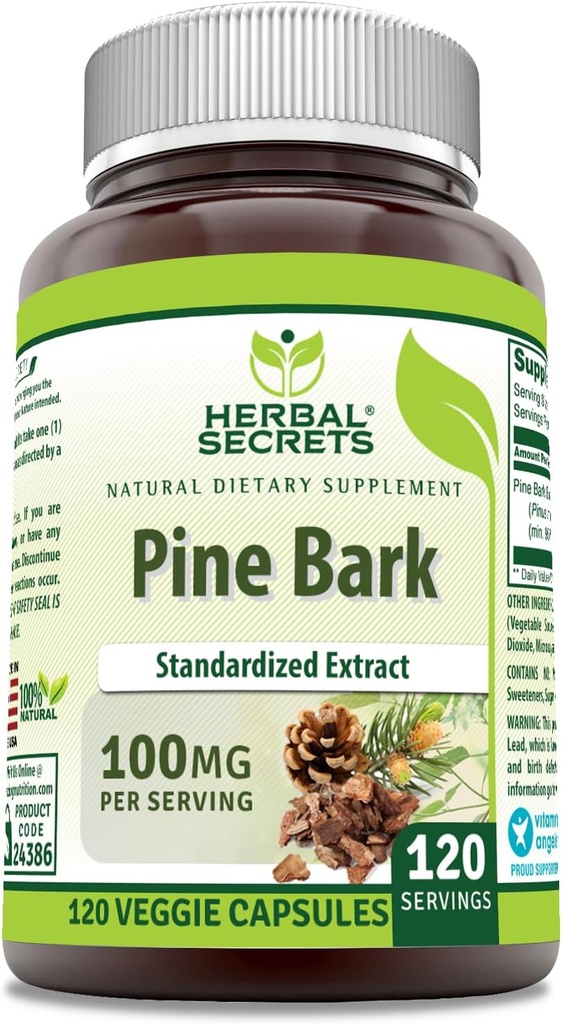 Herbal Secrets Pine Bark Extract Suplemento TENIDO 100 Mg per Serving TEN 120 Veggie Capsules ← No-GMO ANTE Gluten-Free TEN Made in USA