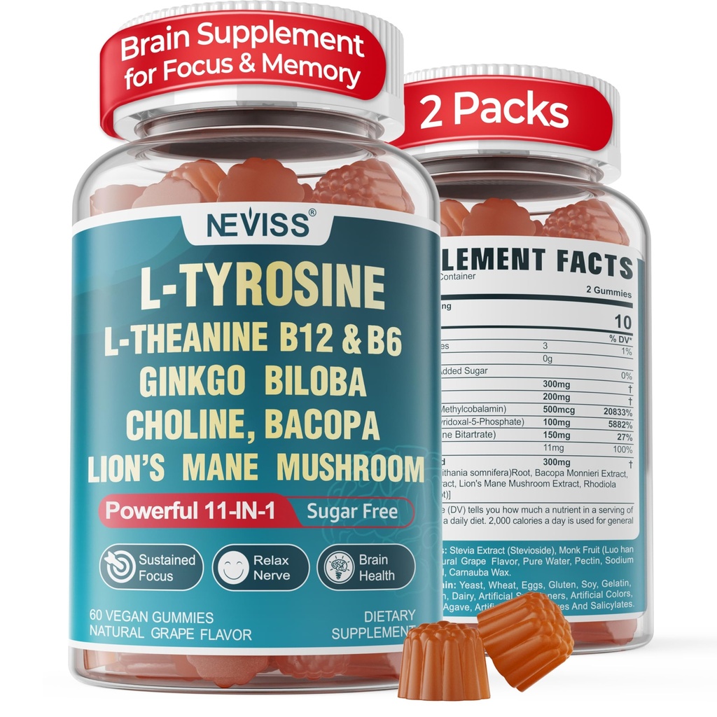 11-IN-1 Suplemento cerebral para la memoria y el foco con L-Tyrosine L-Theanine, Methylated B12 &amp; B6, Lion's Mane Mushroom, Ginkgo Biloba, Bacopa Monnieri, Choline for Focus, Nootropic, Energy, 2Packs