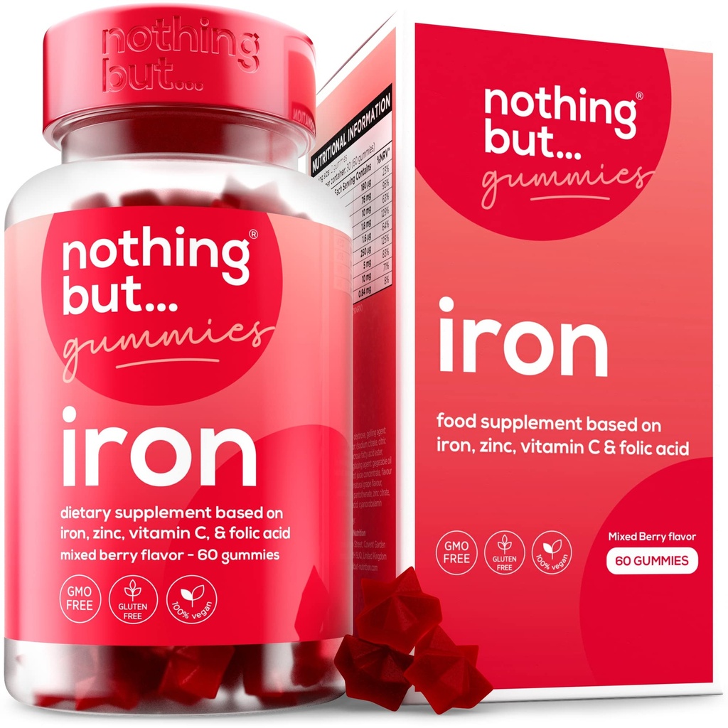 Mujeres &amp; Hombres Natural Iron Suplemento TENIDO a Delicious Mixed Berry Flavor TENIDO Chewable Vegan Iron Suplementos w/Vitamin C, Zinc, Folic Acid &amp; B Vitaminas TEN 60 Iron Gummies TENER Anemia