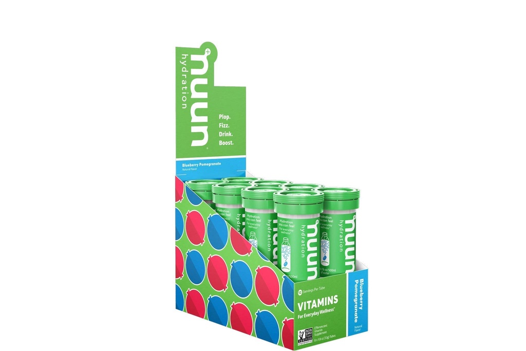 Nuun Vitaminas Electrolito Tabletas con Vitamina D, C, E, A, " B6, ácido fólico, Magnesio " Otros electrolitos esenciales, Gluten Free " Vegan, Blueberry Pomegranate, 8 Pack (96 Servings Total)