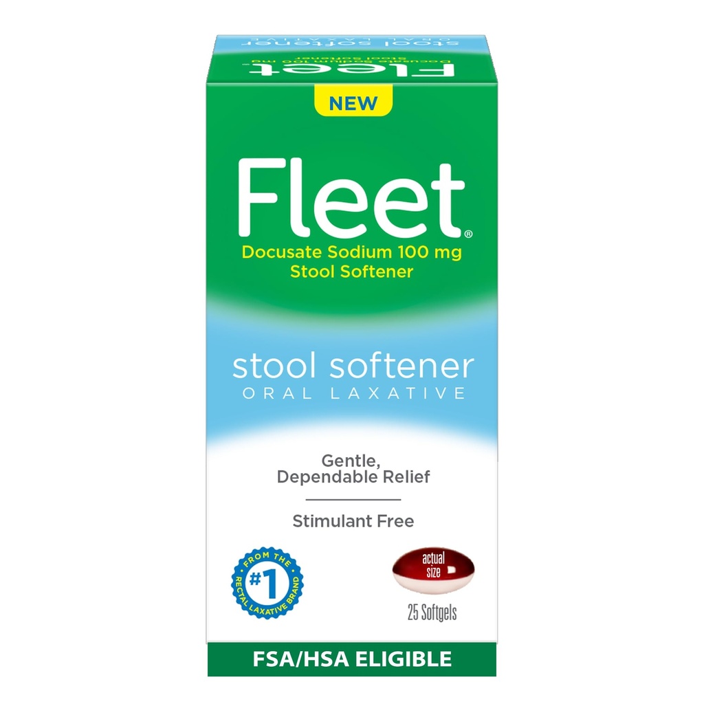 Fleet Stool Softener, Laxante Oral Libre de Estimulantes para Alivio de Estreñimiento Gentil y Dependible, 25 Conde Softgels