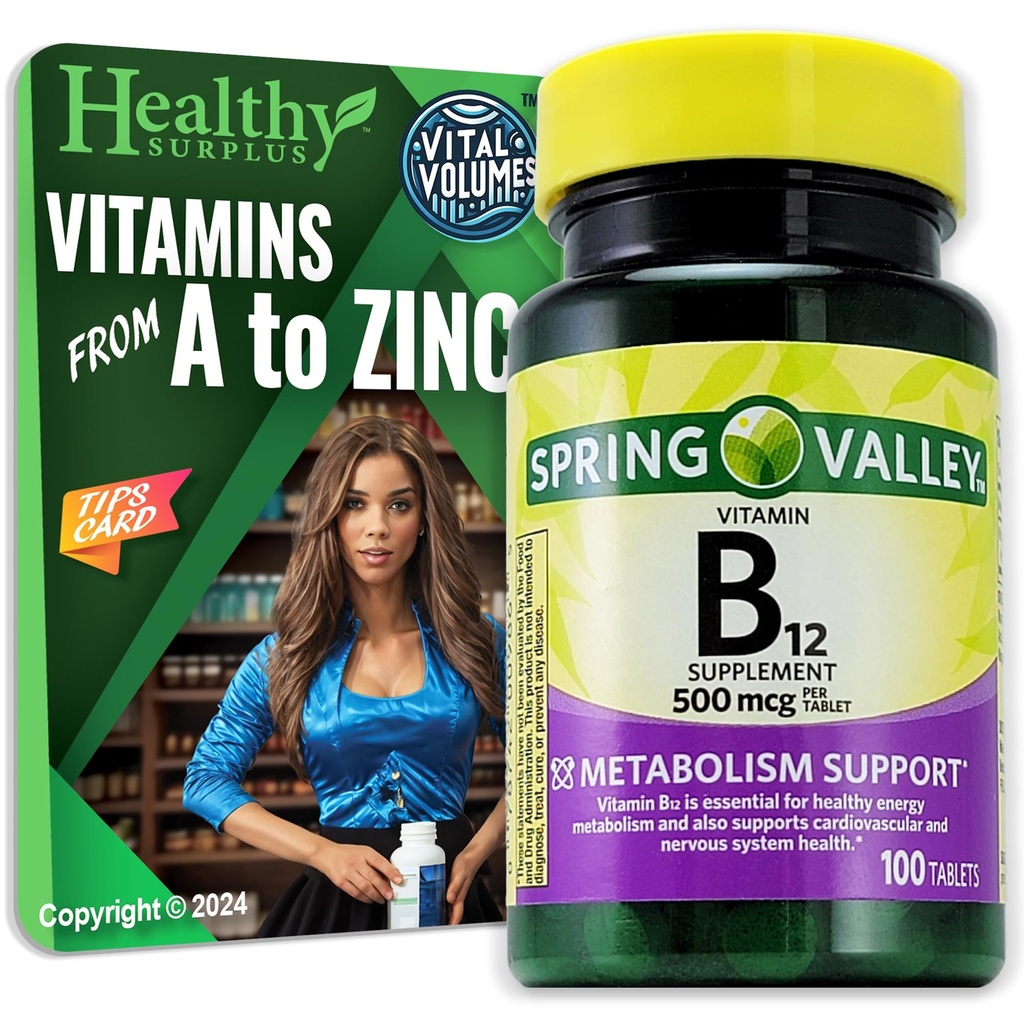 Superávit saludable Vitamina B12 Suplemento Tablas 500 mcg 100 Tablas y Volumen Vital Consejos Tarjeta