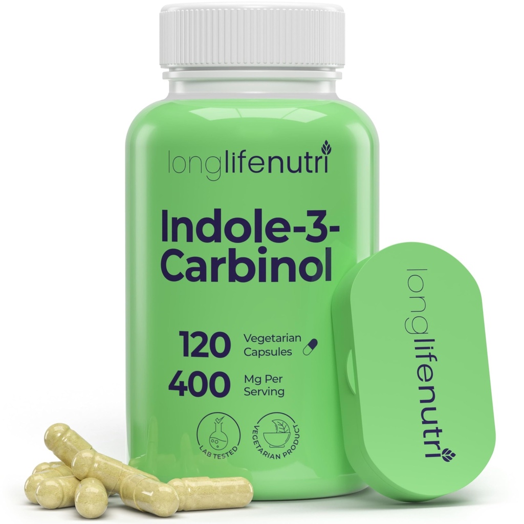 LongLifeNutri Indole-3-Carbinol 400mg - 120 Vegeterian Capsules, Suministro de 4 meses, Suplemento Orgánico para Equilibrio de Hormonas " Salud Celular, Pruebas de laboratorio, Hecho en EE.UU.