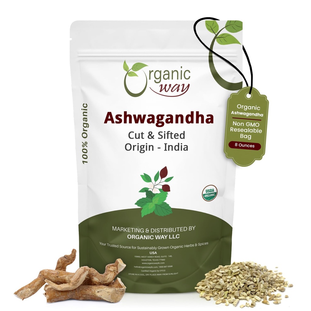 Forma Orgánica Ashwagandha Root Cut " Sifted (Conania Somnifera) - Orgánica " Kosher Certified ← Vegan, Non GMO " Gluten Free ← USDA Certified  durable Origin - India (1/2LBS / 8Oz.)