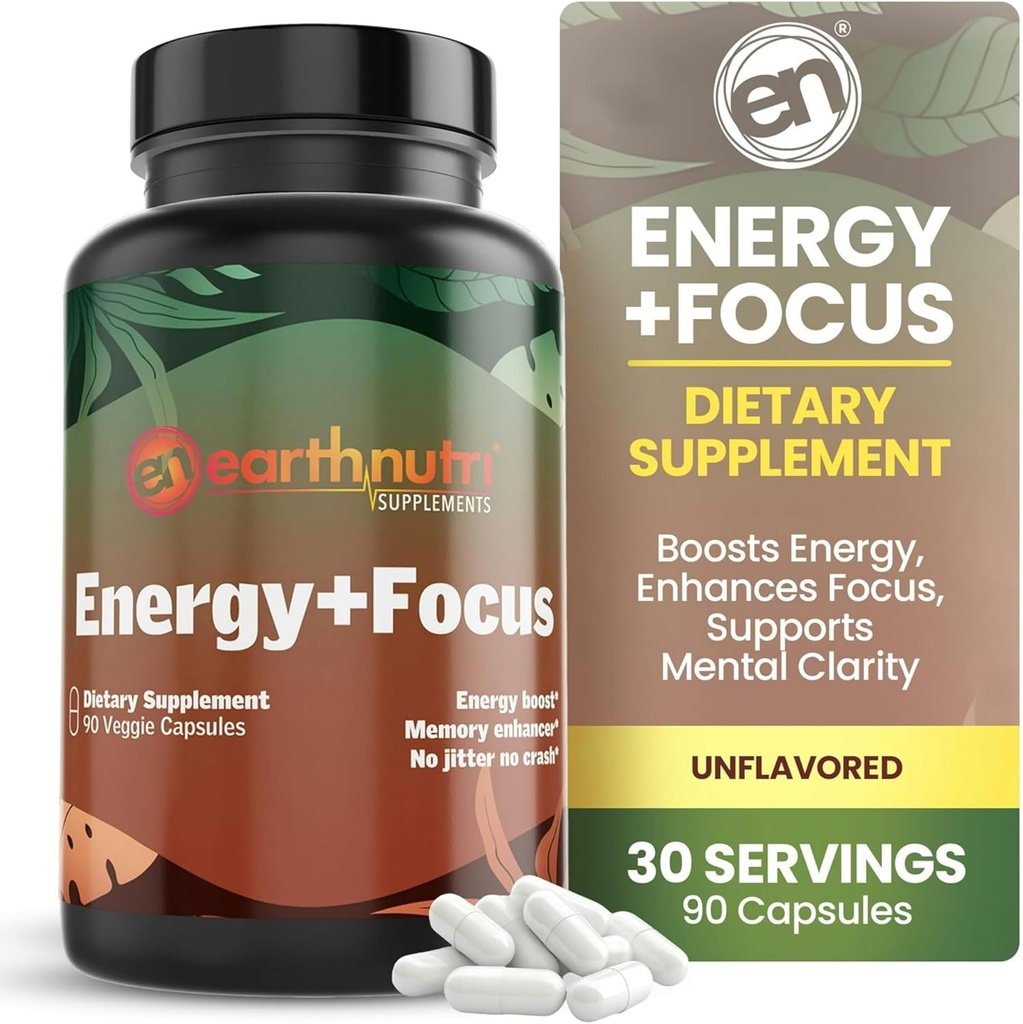EarthNutri Energy + Focus Supplement - Energy Boost &amp; Memory Enhancer with PeakO2, AlphaSize, Cognizin, PurCaf, Theacrine, Acetyl L-Carnitine y L-Tyrosine - 3 Capsules Por Serving