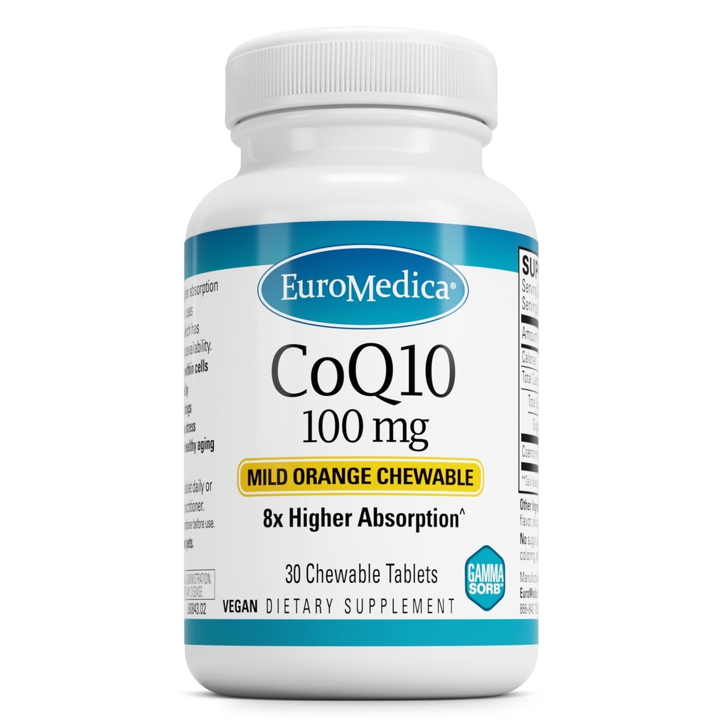 EuroMedica CoQ10 100 mg - Suplemento de Apoyo a la Energía Celular - Absorción Superior CoQ10 Suplemento Chewable - Suplemento Nutricional de Ayuda Salud del Envejecimiento Saludable - 30 Tabletas Chewable