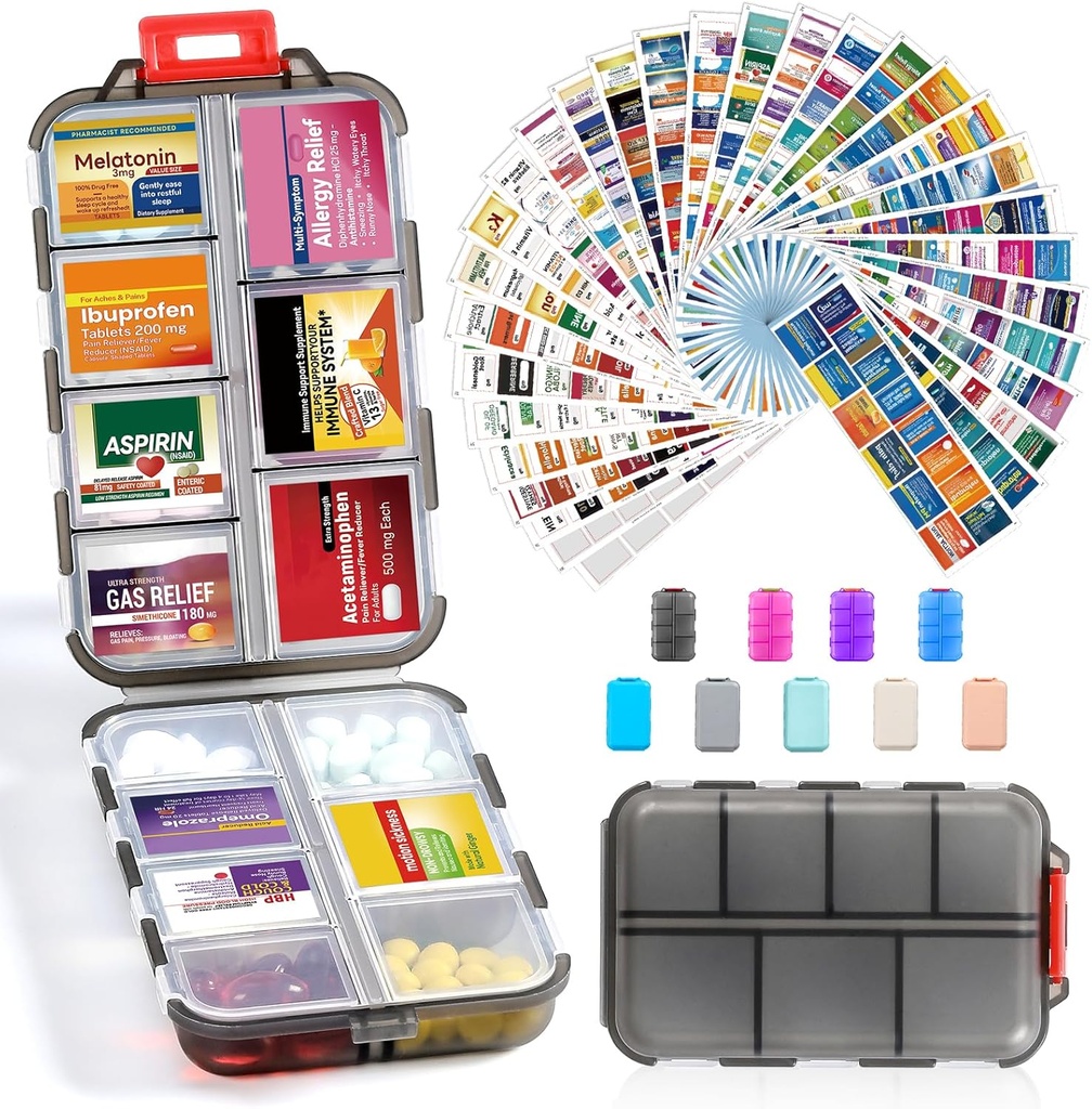 14 Grids Travel Pill Organizer Box con 415-Pcs Medicine Name Labels - Pocket Daily Pharmacy Case Container Kit - Travel Medication Holder Dispenser for Fish Oil Vitamin Storage Supplement -Clear Grey