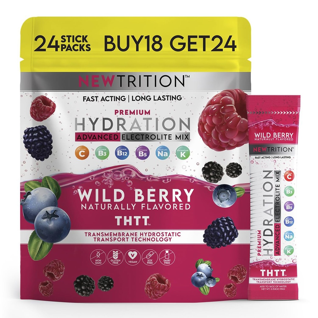 Hydration Powder, Wild Berry Pack of 24 Electrolyte Powder Packets, Naturally Flavored Hydrating Packets for Water, Fast Acting Hydrate Electrolytes with Vitamins B &amp; C, Energy & Recovery