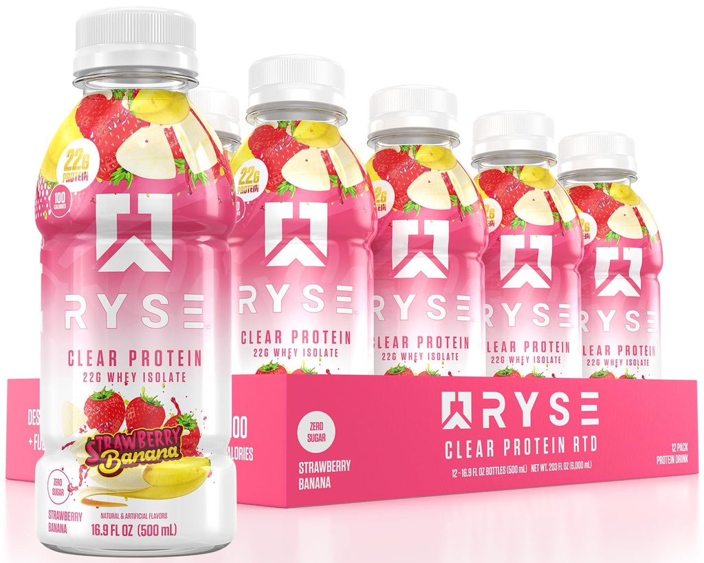 RYSE Clear Protein Drink - Strawberry Banana - 100 Calories, 22g Whey Isolate Protein Shake, Sugar-Free, 0g Fat & Lactose-Free - Refreshing List-to-Drink Beverage - 16.9 fl oz Bottles (12-Pack)