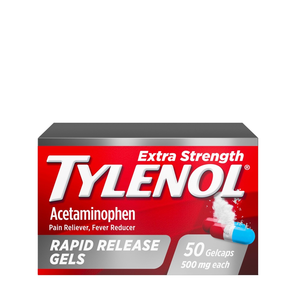 Tylenol Extra Strength Acetaminophen Rapid Release Gels, Extra Strength Pain Reliever " Fever Reducer, Gelcaps with Laser-Drilled Holes, 500 mg Acetaminophen, 50 ct