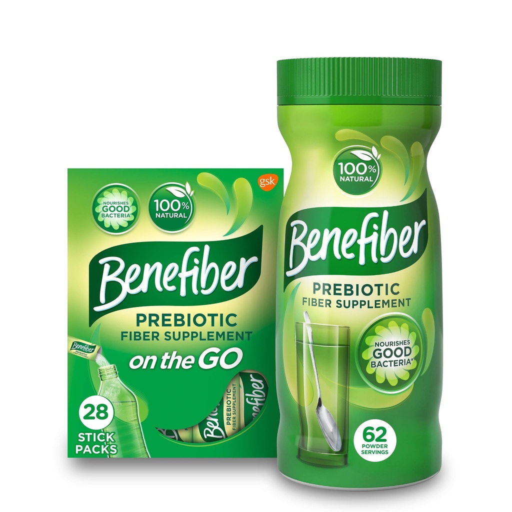 Benefiber Daily Prebiotic Dietary Fiber Supplement Powder Stick Packs, 28 Sticks, 3.92 onzas Cada y Benefiber Daily Prebiotic Dietary Fiber Supplement Powder, 62 Servings / 8.7 Ounces
