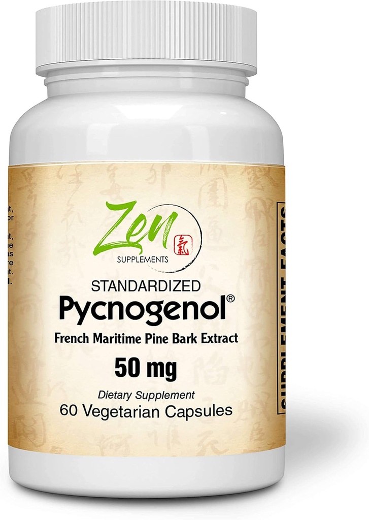 Suplementos Zen Pycnogenol 50mg - Estándarizado Francés Marítimo Pine Bark Extract for Antioxidant & Inflammation Support - Non-GMO, Gluten & Soy Free 60-Vegcaps