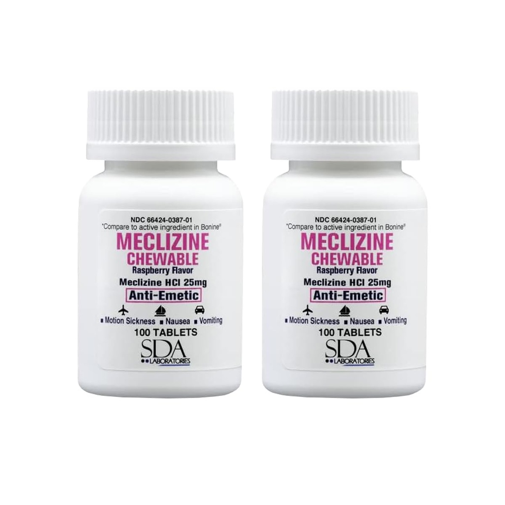 SDA LABORATORIES Meclizine 25mg Tablas Chewable, Anti-Emetic, Raspberry Flavor, Motion Sickness " Vertigo Relief for Nausea, Dizziness, Vomiting, Portable Travel Aid (2 Botellas de 100 Cuentas)