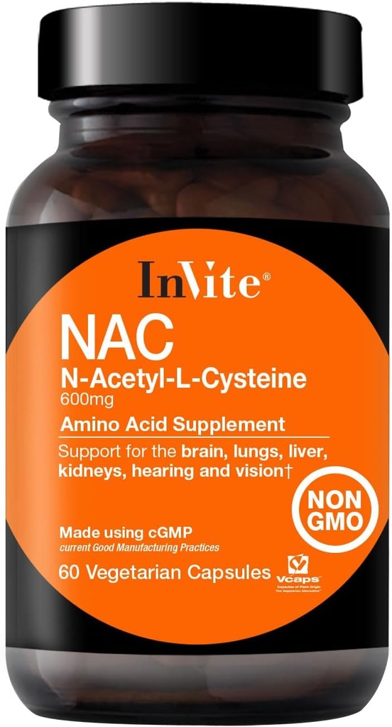 Invitar a la salud N-Acetyl Cysteine (NAC) - Apoya el hígado y la salud cerebral - Suministros El ácido esencial L-Cysteine y un precursor de la tripeptide Glutathione - 60 cápsulas vegetarianas