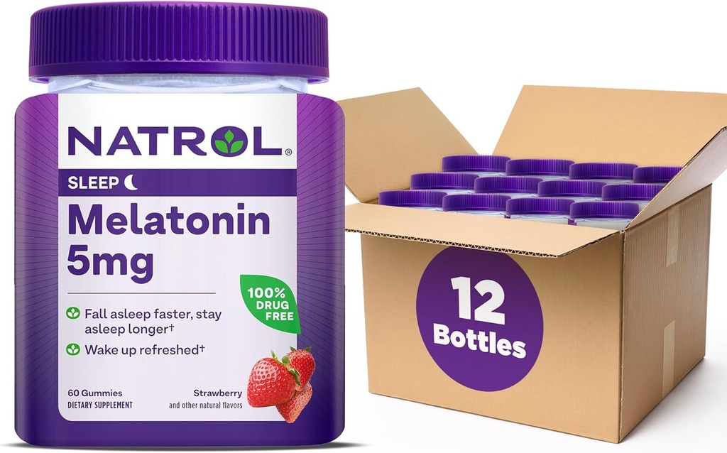 Natrol 5mg Melatonin Gummies, Apoyo al sueño para adultos, Suplementos de Melatonina para dormir, 60 Gummies de sabor a fresa, 30 Day Supply (Pack of 12)