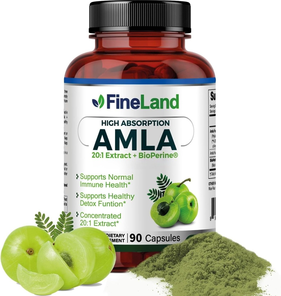 FineLand Amla (Gooseberry indio) 20X Extracto completo del espectro – 30,600 mg Equivalente por Servir con BioPerine® para la Absorción, Rico en vitamina natural C, Immune &amp; Digestive Support – 90 cápsulas Vegan