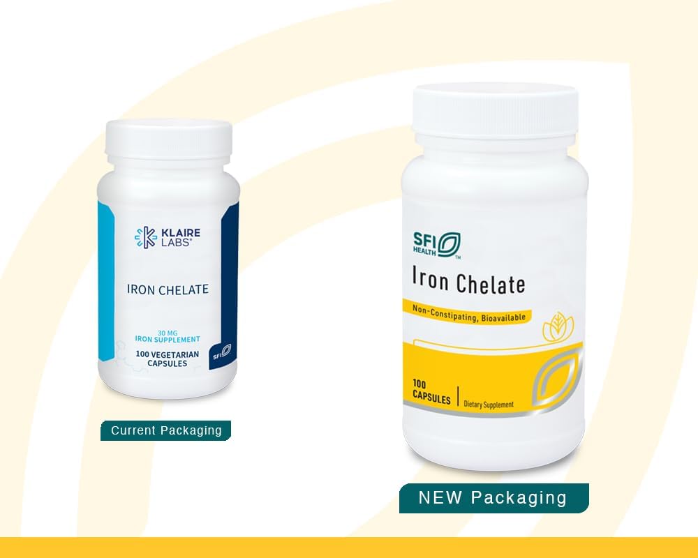 Klaire Labs SFI Health Iron Bisglycinate Chelate Supplement - 30mg Ferrous Bisglycinate Chelate - Designed to be Well-Tolerated, Well-Absorbed & Gentle on Stomach - Hypoallergenic (100 cápsulas)