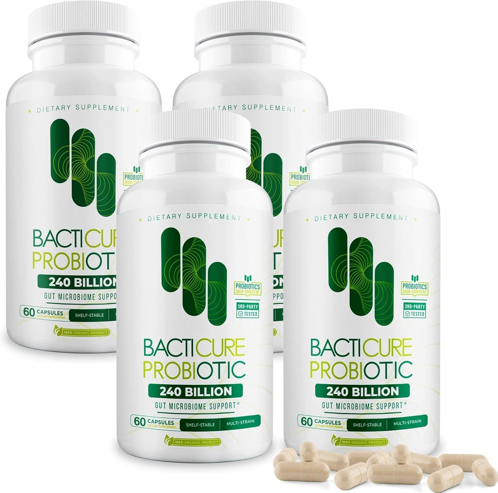 Bacticure Probiotic 240 Capsules ← Probióticos Suplemento w/High CFU Fórmula para Hombres " Mujeres sometidas Prebióticos " Enzymes Digestivos para la Digestión " Salud Gut, Salud Vaginal, Limpia Colón, Apoyo Inmunitario