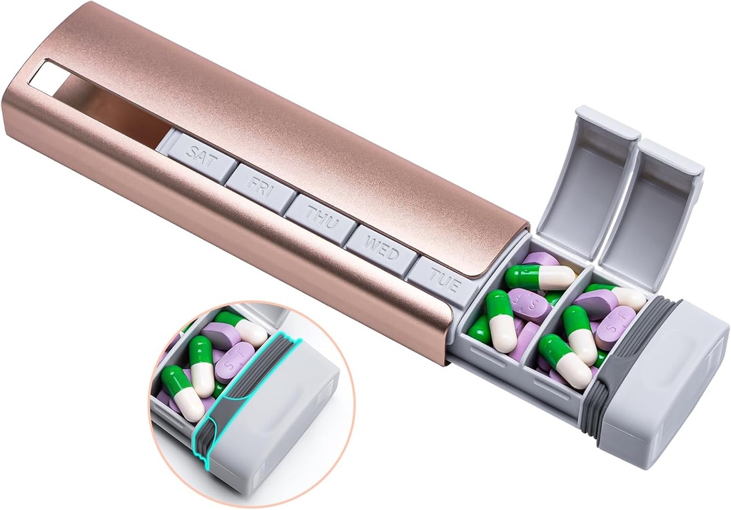 Daviky Metal Travel Pill Organizer, Premium Aluminum Pill Box 7 Day, Weekly Daily Pill Case, Stylish Pulsera Cute para medicamentos, suplementos y vitaminas (Pink+Gray)