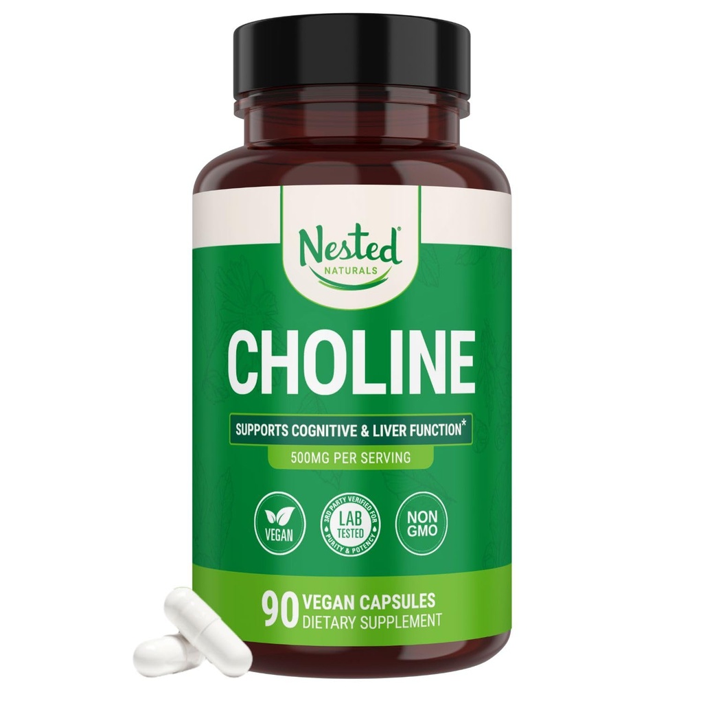 Nested Naturals Choline Bitartrate 500mg Per Serving - High Potency Choline Supplements - Supports Cognitive Performance & Liver Function - 100% Vegan & Non-GMO Choline - 90 Vegan Capsules