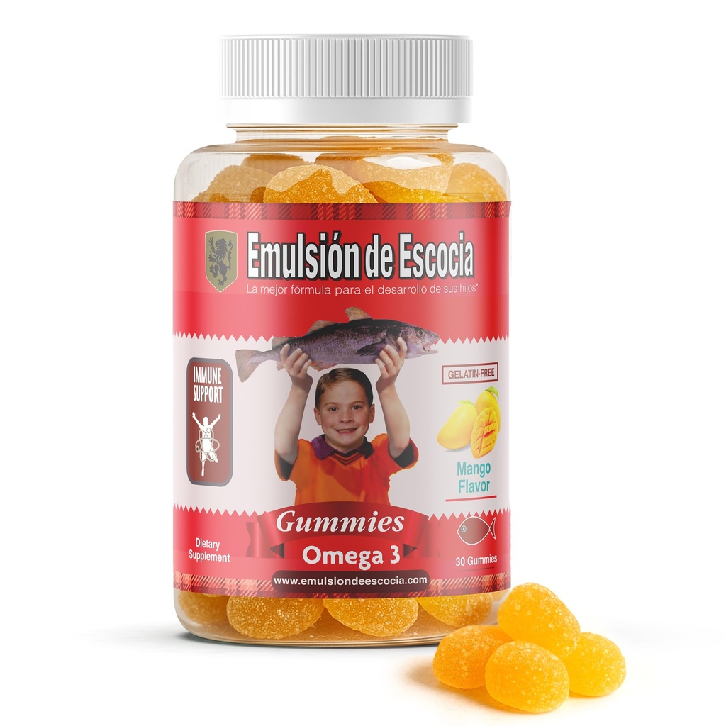 Emulsión de Escocia Omega 3 Gummies para niños – con vitaminas A, D3, ácido fólico + Zinc, hierro y calcio – Mango Flavor con No Fishy Aftertaste – Immune & Liver Support – 30 Gummies  durable 1-Pack