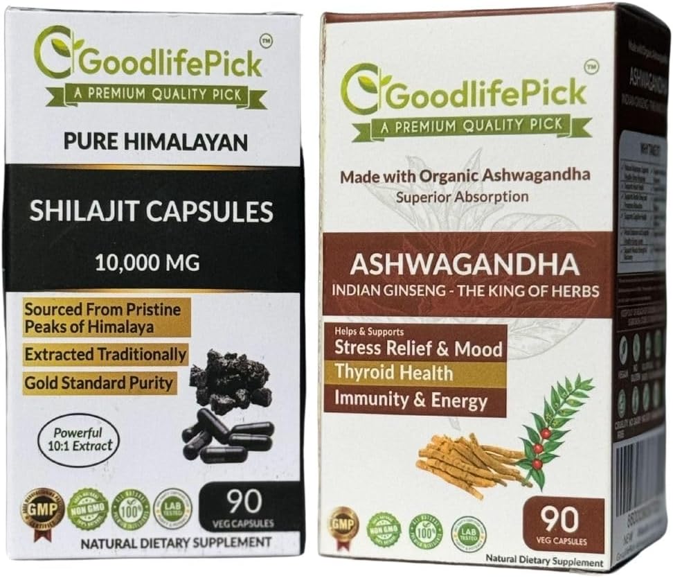 Himalayan Shilajit Capsule " Ashwagandha Capsules Pack de 2. 90+90 ct Gold Standard Premium Quality for Max Benefits. Todo Natural No GMO No Polvo de arroz No Filler No Dióxido de silicona No Stearate