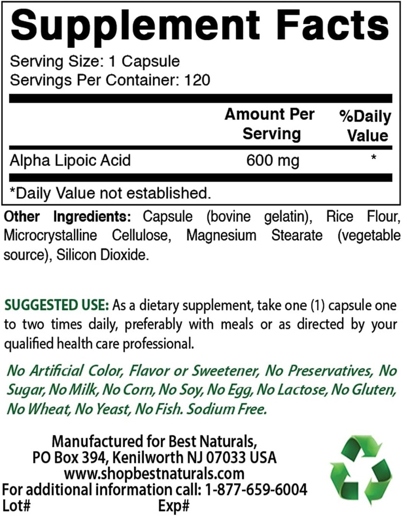 Mejores Naturales Ácido Lipoico alfa 600 mg &amp; Complejo B-100