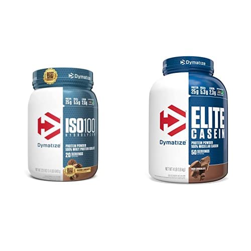 Dymatize ISO100 Hidrolyzed Protein Powder, 25g de 100% Whey Isolate Protein, Gourmet Chocolate, 20 Servidores Elite Casein Protein Powder, 100% Micellar Casein, Rich Chocolate, 4 libras