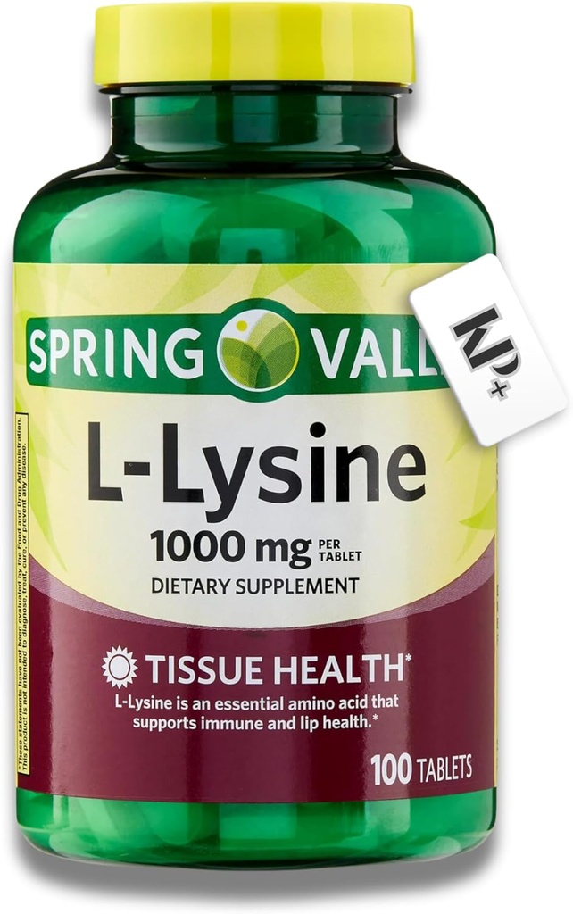 L-Lysine Amino Amino Acid Suplementos, Spring Valley L-Lysine, L-Lysine 1000 mg, 100 Tablets + (KP+ Sticker)