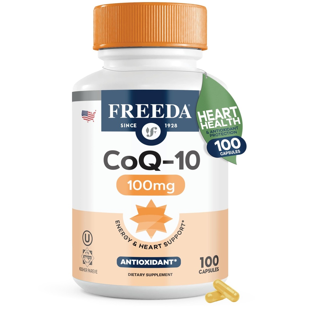 FREEDA CoQ10 100mg - Kosher Coenzyme Q10 Suplemento dietético para la salud cardiovascular del corazón, la presión sanguínea, la salud del gusano oral y el envejecimiento saludable - Pure CoQ10 Capsules, 100 Conde