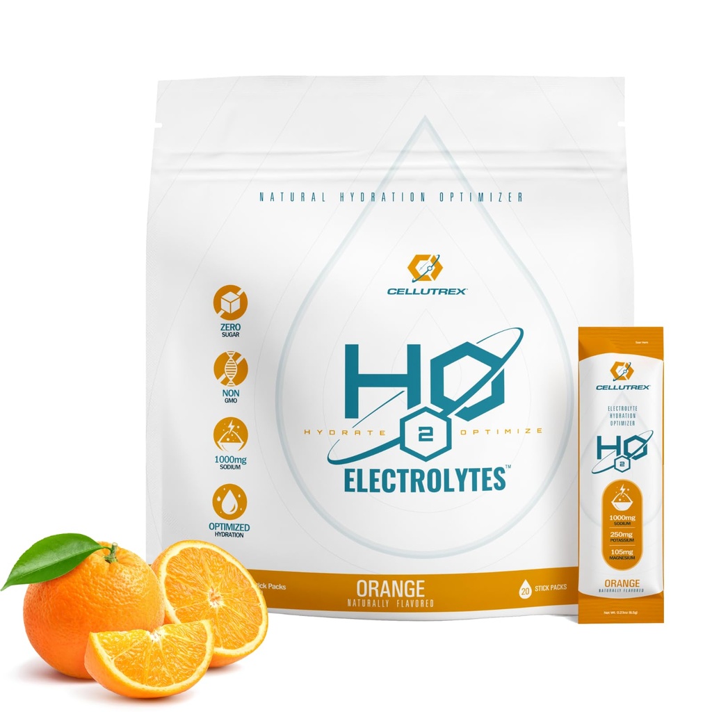 Celutrex® H2O Electrolytes – Electrolyte Powder Drink Mix, Zero Sugar, Natural Sal Hydration Packets for Recovery and Wellness, Orange, 20 Sticks
