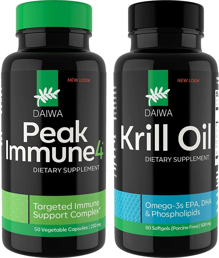 Daiwa Peak Immune 4 - Booster de sistema inmunológico natural + Daiwa Krill Oil – Omega 3 Krill Oil Capsules