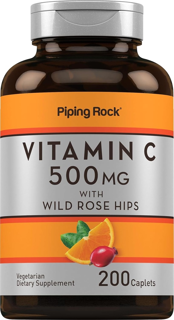 Piping Rock Vitamina C TENIDO 500mg TENIDO 200 Caplets ANTERIOR con Rose HIPS TEN VENTA Vegetariano, No Gluten Suplemento Libre
