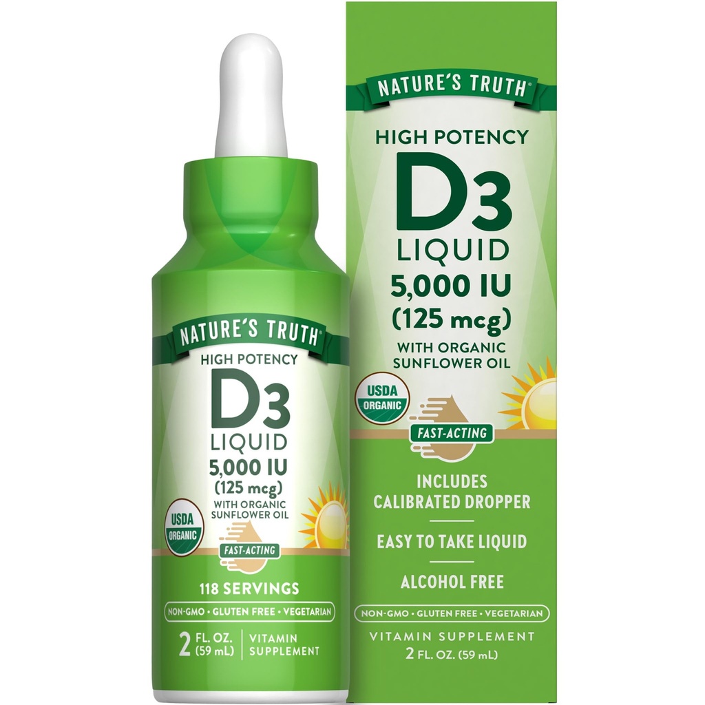 La verdad de la naturaleza Vitamina D3 Liquid TENIDO 5000 UI TENIDO 2 fl oz TENIDO Non-GMO y Gluten Free Supplement