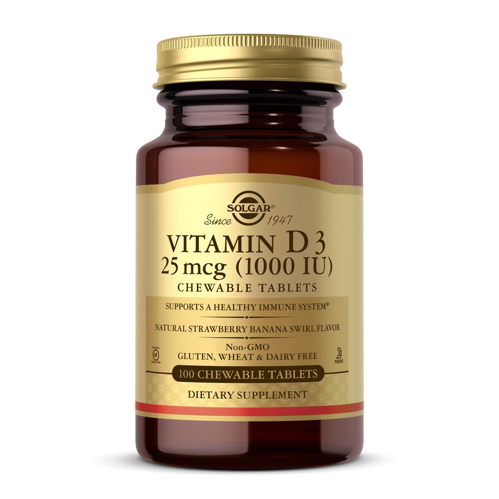 Solgar Vitamina D3 (Cholecalciferol) 25 mcg (1000 UI), Natural Strawberry Banana Swirl - 100 Chewable Tablets - Non-GMO, Kosher - 100 Servings