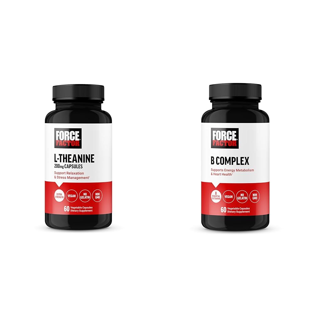 Factor de fuerza L Theanine 200mg y vitamina B Complejo Suplemento Bundle, 60 cápsulas cada uno