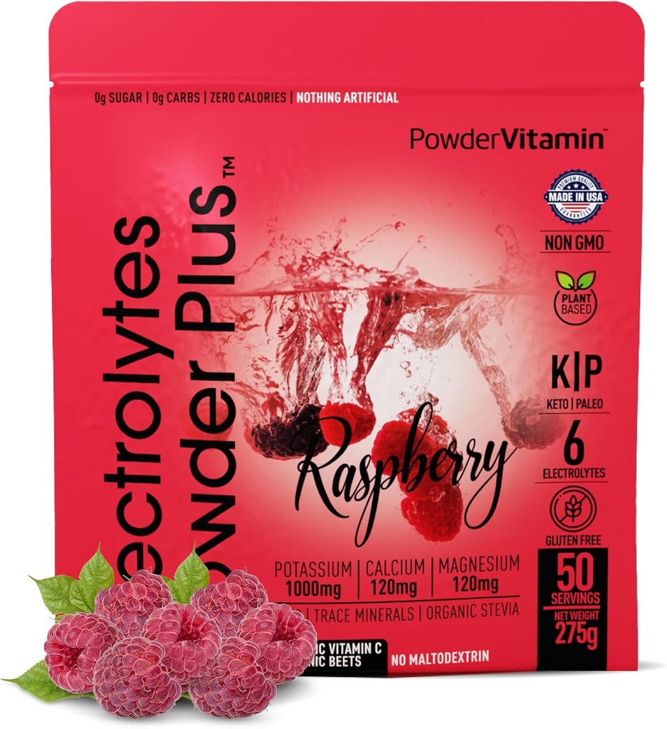 PowderVitamin Electrolytes Powder Plus (50 Servings) Raspberry Electrolyte Powder Zero Calorie Keto, 0 Sugar, No Maltodextrin,1000mg Potassium,120mg Calcium,120mg Magnesium, Hidration Powder