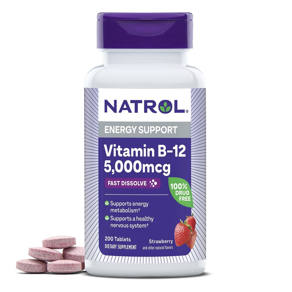 Vitamina Natrol B12 5.000 mcg, Vitamina de Disuelva Rápido B12 Suplemento Soporta un sistema nervioso saludable y metabolismo energético, 200 Tabletas, hasta 200 Day Supply