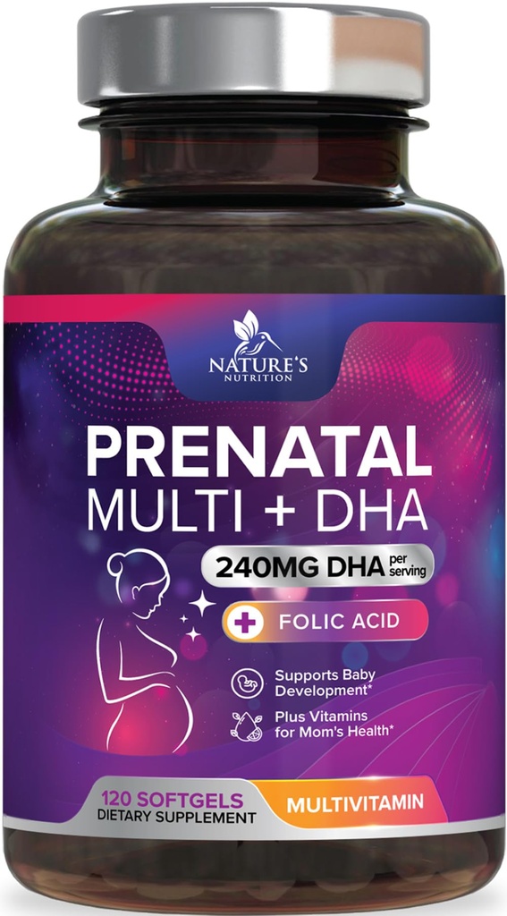 Vitaminas prenatales con ácido fólico " DHA, Fetal Brain Development Support with Folate " Omega 3, Prenatal Multivitamin for Women, Vitamina A, C, D, B6, B12 " Iron, Pregnancy Supplement - 120 Softgels