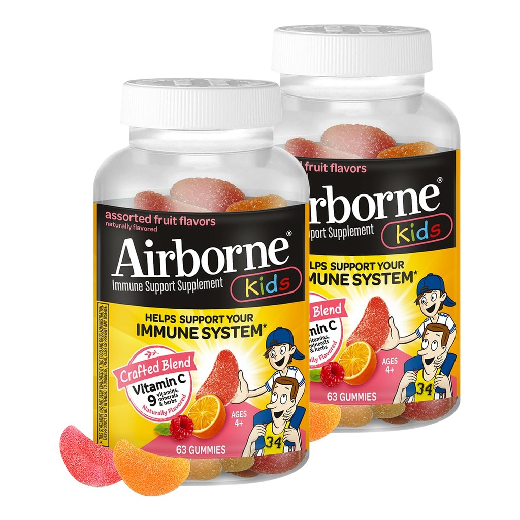 Airborne Kids 500mg Vitamin C Gummies, Kids Immune Support Zinc Gummies with Powerful Antioxidants VIT C &amp; E - 63 Gummies, Assorted Fruit Flavor (Pack of 2)