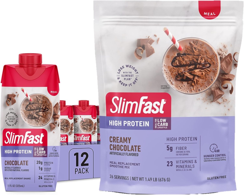SlimFast High Protein Chocolate Bundle- 12 Conde de Chocolate High Protein Meal Replacement Shakes (20g Protein) con 26 Serviciones de Chocolate High Protein Powder Mix (20g Protein)