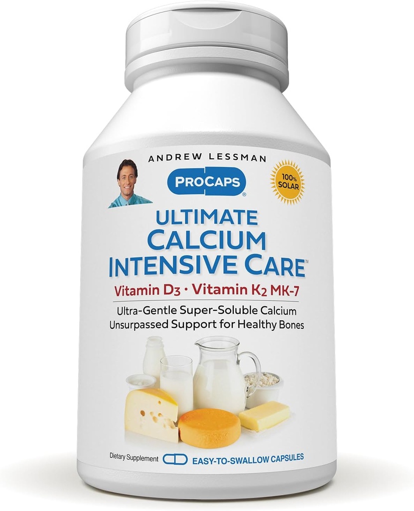 ANDREW LESSMAN Ultimate Calcium Intensive Care with Vitamin D3 and K2 MK7-120 mcg - 720 Capsules - Bone and Skeleton Health Essentials. Suave, Fácil de Tragar, Super Soluble. No hay aditivos